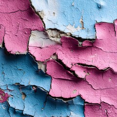Colorful cracked wall with peeling pink and blue paint texture