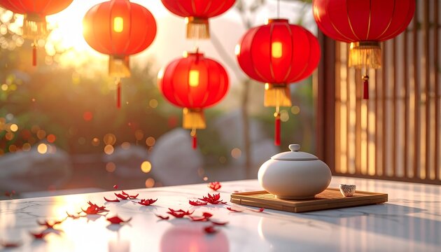 Serene Tea Ceremony with Red Lanterns and Petals at Sunset