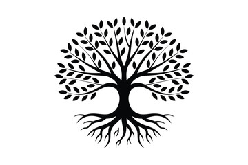 Stylized silhouette of a tree with prominent roots and leaves