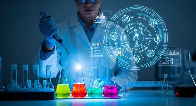 Scientist conducts advanced research with glowing liquids and futuristic digital interface