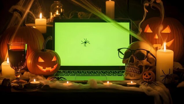 Spooky Halloween Scene Laptop with Green Screen, Pumpkins, Skull, and Candles for Online Party or Virtual Gathering 4K Video