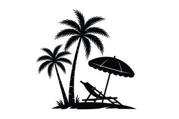 Silhouette of palm trees beach chair and umbrella on a white background