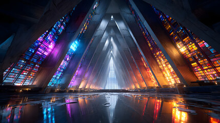 A futuristic cathedral of ice radiating vibrant colors, evoking awe and wonder.