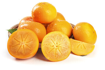 Fresh Orange Persimmons from Shanxi China - Whole and Sliced Fruit on White Background