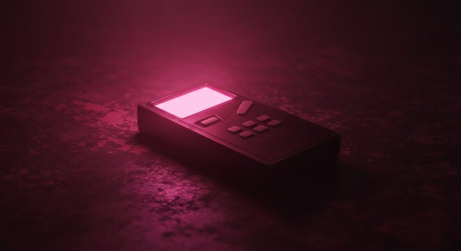 Ghost hunting equipment with a glowing pink screen, a digital device for paranormal investigation
