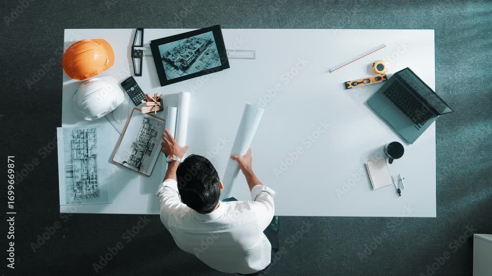 Poster top down view of skilled engineer looking at blueprint at meeting. aerial view of architect checking