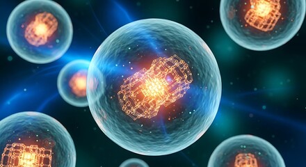 Fototapeta premium Microscopic view of vibrant human cells with illuminated nuclei in a biological context