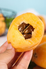 Fresh Loquat Fruit Cut in Half Showing Seeds - Yunnan Mountain Organic Produce Display