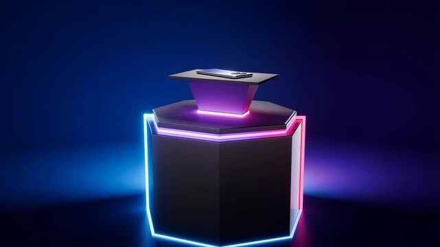 Black perfume bottle illuminated by glowing neon lights changing colors