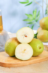Fresh Sweet Asian Pears from Shanxi Xinjiang China Sliced on Wooden Board
