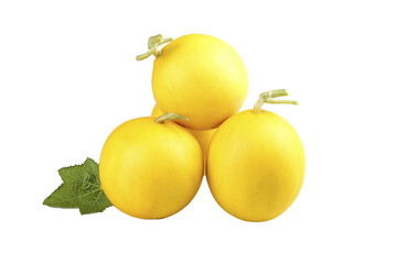 Fresh Yellow Honeydew Melons from Shaanxi China with Mint Leaves on White Background