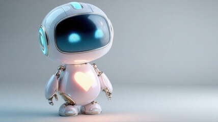 Minimal 3D robot with glowing heart symbolizes joy and friendship
