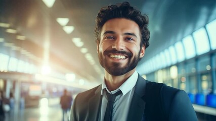 business man in an airport smiling forward in the air, in the style of light teal and light gray, long distance and deep distance, Generative Ai. - Powered by Adobe