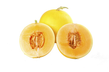 Fresh Yellow Honeydew Melon Halves from Gansu Minqin China on White Background