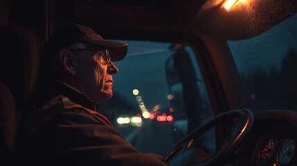 Truck Driver at Night. Man driving lorry to deliver goods in the dark