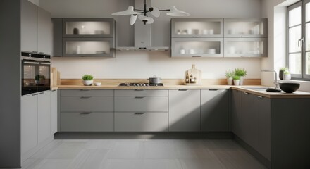 Modern grey kitchen with sleek cabinetry and natural light