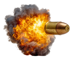 Bullet with fire effect straight side view isolated on transparency background dynamic explosion dramatic energy metallic object ammunition powerful impact realistic detail