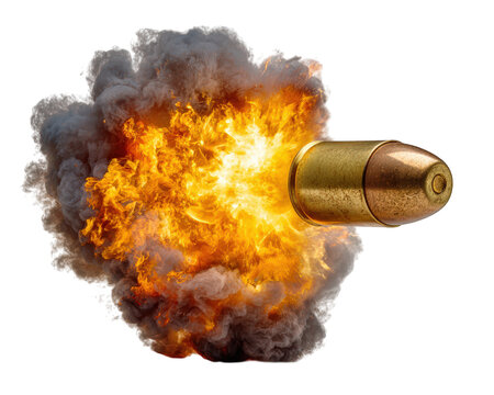 Bullet with fire effect straight side view isolated on transparency background dynamic explosion dramatic energy metallic object ammunition powerful impact realistic detail