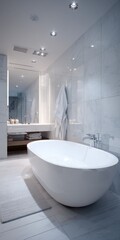 Upscale Bathroom. Contemporary Interior Design with Bathtub and Towel in Modern House