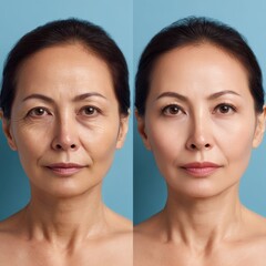 Under Eye Bags. Asian Woman with Eye Bags Before and After Aging on Blue Background