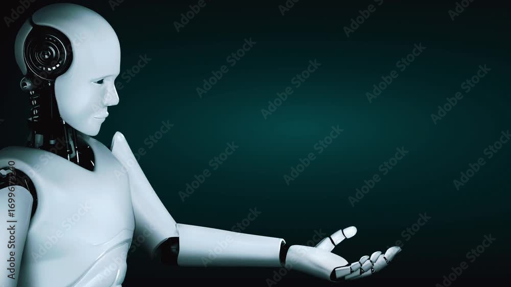 Poster ai hominoid robot holding virtual hologram screen showing concept of ai brain and artificial intelli