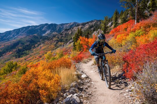 Utah Mountain Biking. Biker Enjoying Colorful Fall Foliage on Wasatch Mountain Trails