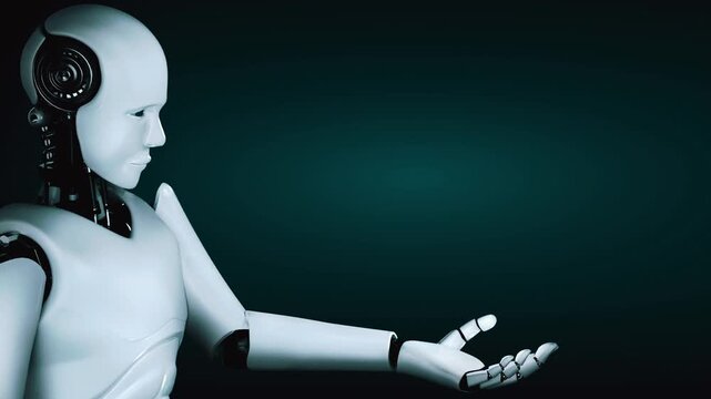 AI hominoid robot holding virtual hologram screen showing concept of AI brain and artificial intelligence thinking by machine learning process. 3D rendering.