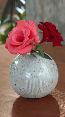 Red and pink roses in vase.