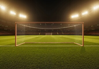 Fototapeta premium Soccer goal at night with stadium lights and green grass