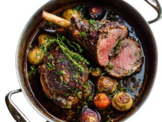 Braised lamb shanks in a pot with vegetables