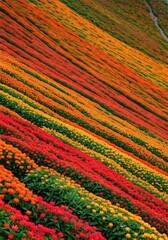 Vibrant hillside of colorful flowers in rows