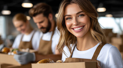 Volunteers collaborating, packing donated food supplies into cardboard boxes inside warehouse, supporting community during pandemic emergency response