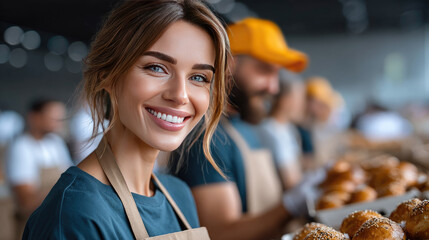 Diverse volunteers wearing matching aprons, packing donated food into cardboard boxes, supporting local community during pandemic relief efforts