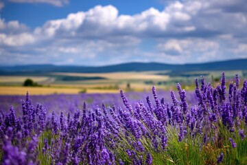 Naklejka premium A vibrant lavender field under a bright blue sky with fluffy clouds, set against rolling hills and a scenic countryside landscape