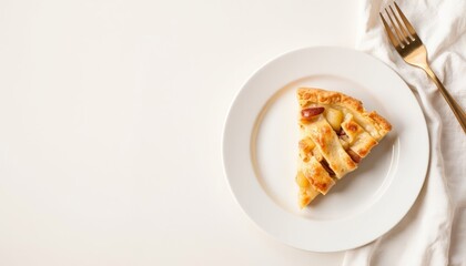 Apple pie slice on white plate with fork and napkin for Thanksgiving  