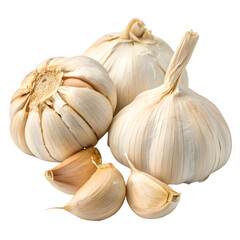 Fototapeta premium Whole garlic bulbs and cloves on white isolated on a transparent background food ingredient