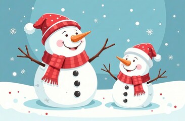 Fototapeta premium Snowmen in cozy hats and scarves. Each snowman has a cheerful expression, perfect for holiday designs, winter scenes.