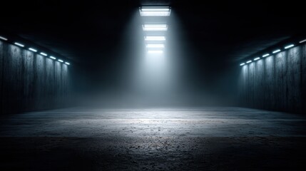 Naklejka premium A dimly lit, empty concrete room with dramatic overhead lighting and fog creating a mysterious, industrial atmosphere