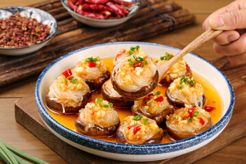 Homemade Teppanyaki Stuffed Shiitake Mushrooms with Garlic and Mixed Vegetables in Savory Sauce