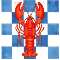 Illustration of a Red Lobster on a Blue and White Checkered Background watercolor checkerboard squares pattern seafood crustacean