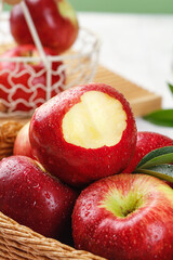 Red Apples with Heart Shape Carving and Dew Drops in Basket - Yunnan Plateau Fresh Fruit Closeup