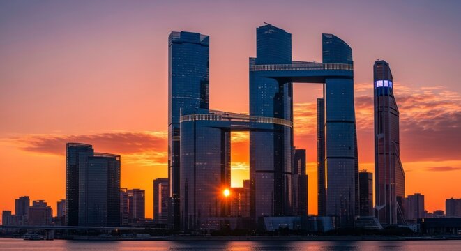 Modern Cityscape at Sunset: Twin Towers Connected by Skybridges, Golden Hour Glow - Powered by Adobe