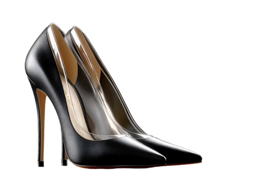 Elegant black stiletto heels with transparent accents, perfect for sophisticated style and fashion statements