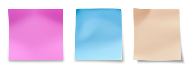 Purple, blue and brown sticky paper notes isolated on transparent background