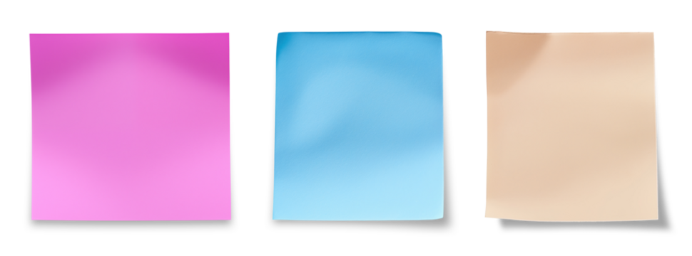 Purple, blue and brown sticky paper notes isolated on transparent background