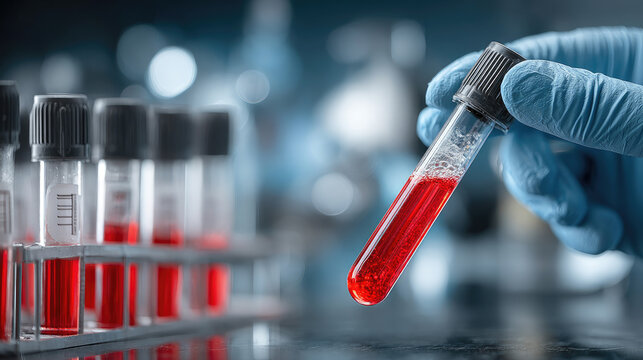 Close-up of gloved hand holding test tube with blood sample during medical analysis in laboratory setting, emphasizing healthcare research and diagnostics - Powered by Adobe