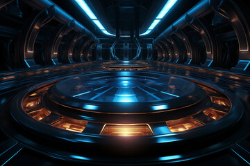 Futuristic game show stage with glowing neon blue lights on dark blue background, perfect for concepts of entertainment, competition, and futuristic technology.