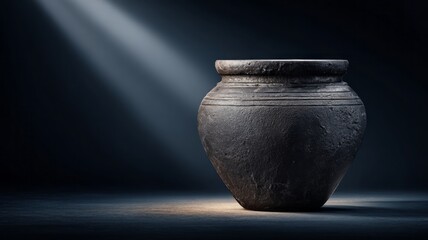A black vase sits on a dark surface, with a light shining on it