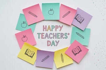 Happy teachers day greeting card with colorful sticky notes arranged in a circle