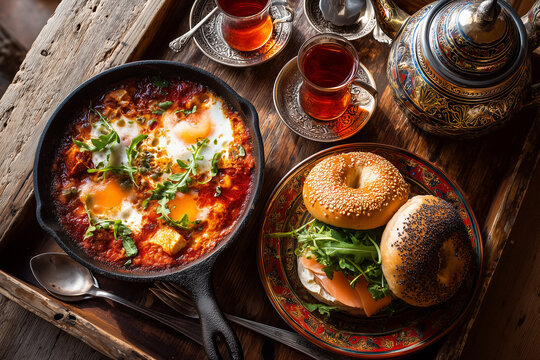 Śniadanie z szakszuką na patelni, marokańska herbata i bajgiel z łososiem, serkiem i rukolą &ndash; kolorowe i pyszne rozpoczęcie dnia